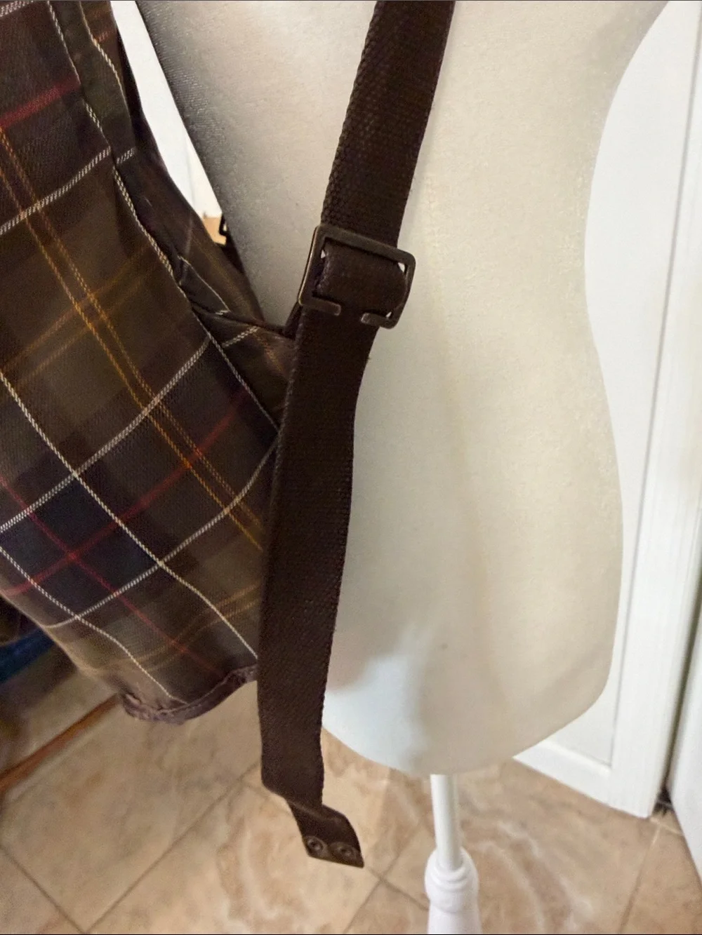 Barbour Brown Tartan Plaid Canvas Backpack with Leather Trim - Picture 8 of 12